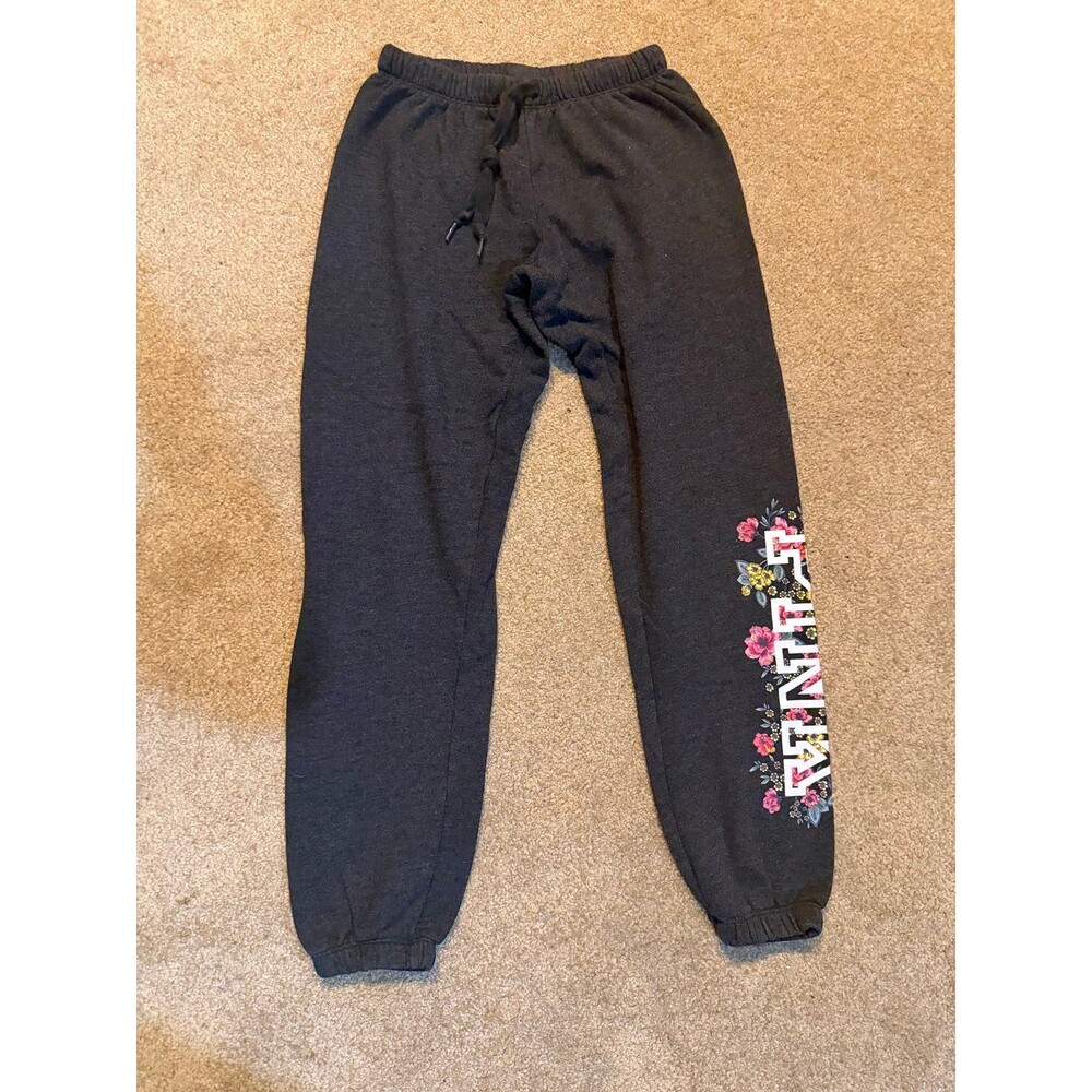 Victorias Secret PINK Dark Gray Sweatpants w/ PINK Floral Logo Like New XS